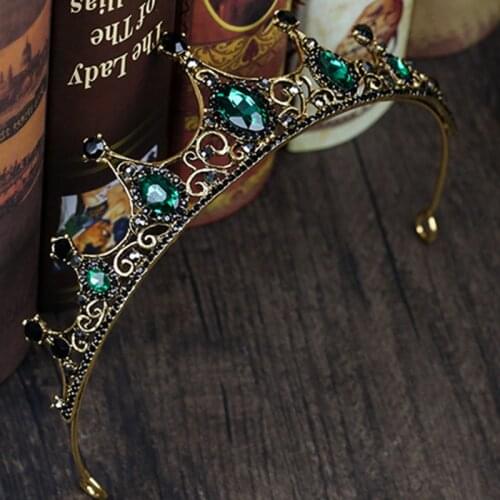 DIEZI Baroque Gold Color Green Gem Stone Crystal Wedding Crown Queen Tiara Bride Crown Headband Bridal Accessories Hair Jewelry