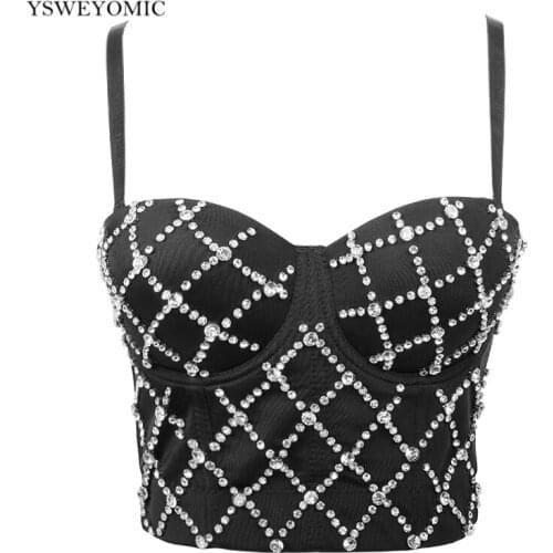 Womens Rhinestones Bead Bustier White Black red Cropped Top Corset Push Up Party Club Tank Top Bralette Dance Apprael