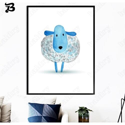 Canvas Painting Cartoon Blue Animals Rain Sheep Whale Nordic Posters and Prints Wall Art Pictures for Kids Room Nursery Decor