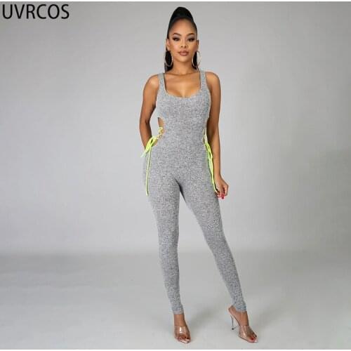 UVRCOS Club Outfit For Women Overalls Skinny Cut Out Lace Up Jumpsuit Solid Color Beyprern Mono Punto Mujer One Piece Sportwear