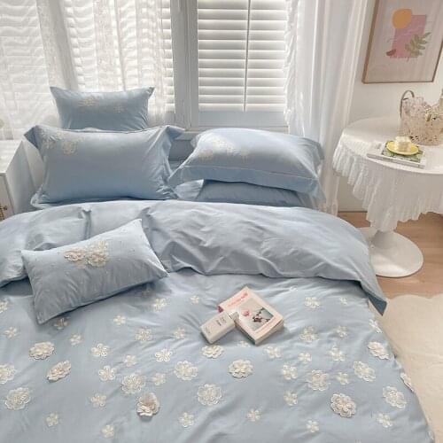 Korean Princess Embroidered Bedding Set 600TC Egyptian Cotton Silky Soft 3D Florets Queen King Size Sheet Set 4Pcs for Home