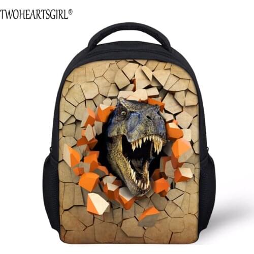 Twoheartsgirl Brown 3d Dinosaur Print School Bag Small 12inch Baby Kids Kindergarten Bookbags Personalized Boys Schoobags