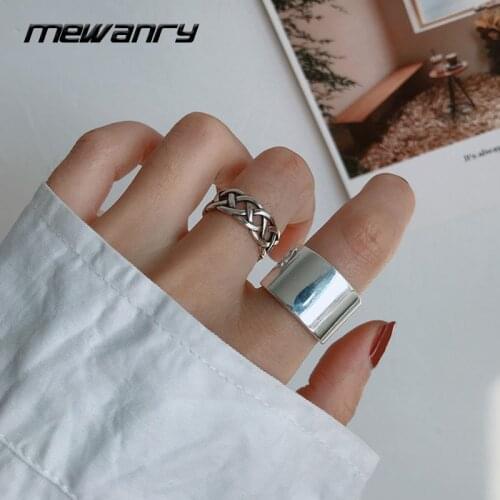 Mewanry 925 Sterling Silver Rings for Women Vintage Elegant New Trend Simple Adjustable Wide Glossy Weave Hollow Party Jewelry