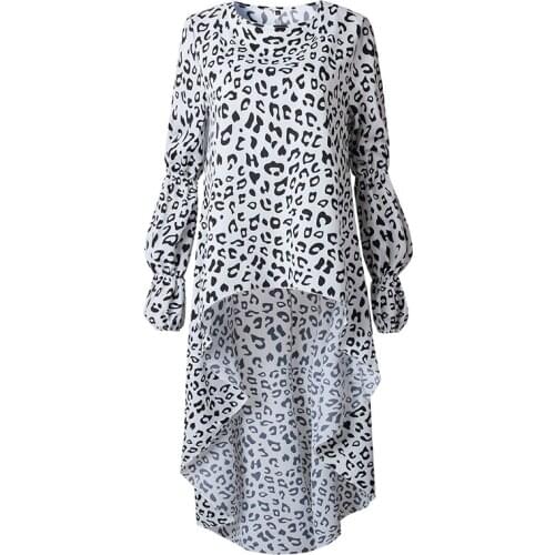 Fashion Women Irregular Leopard Print Dress Autumn Lantern Long Sleeve O-Neck Streetwear Blouse Dress Sexy Female Casual Dresses