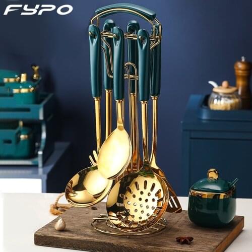 Fypo 7 Sets Kitchen Utensils Set Stainless Steel Kitchen Uensils Cooking Set Spoon Shovel Kitchenware Gift Set Ceramic Handle