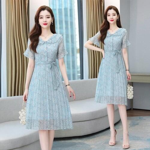 Real shot chiffon pleated dress female summer 2021 new womens high-end temperament goddess fan floral skirt