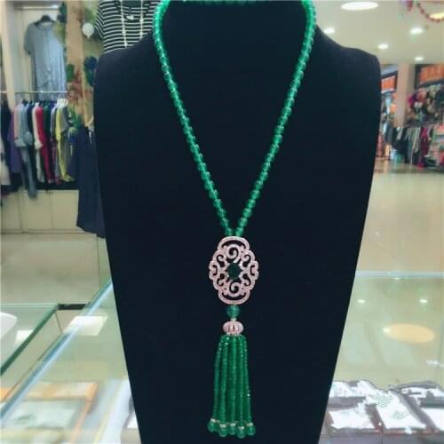 New natural green stone micro inlay zircon clasp tassel necklace long sweater chain fashion jewelry