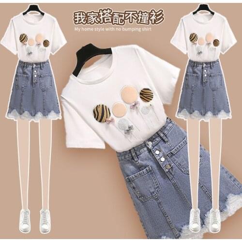 Plus Size Womens 2021 New Summer Loose Print Round Neck Short Sleeve T-shirt + High Waist A-line Denim Skirt Suit