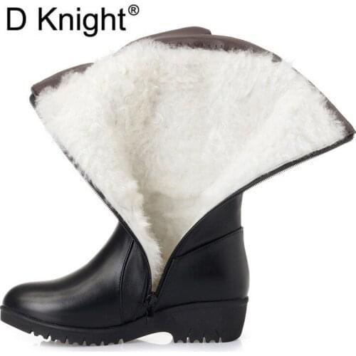 Womens Winter Boots 2019 New Genuine Leather Female Boots Size 43 Warm High-heeled Wool Boots Women Trend Snow Boot Shoes Women