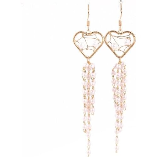 Gold Heart Drop Earrings Handmade Weaving Heart-shaped Earrings pearl lovers Earrings