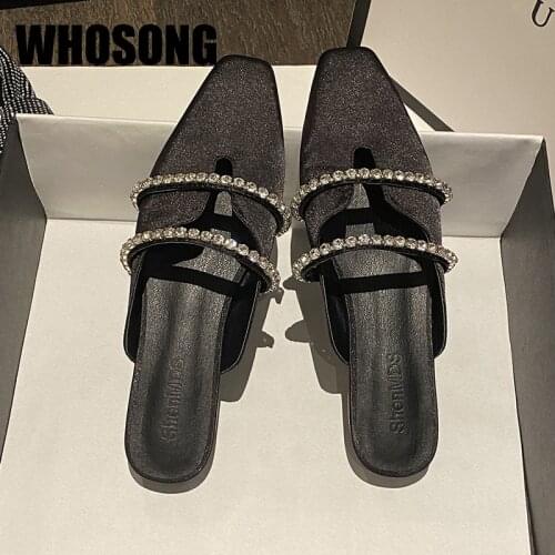 New Summer Women Slippers Girls Closed Toe Slides Woman Fashion Flats Ladies Outside Rhinestone Shoes Female Black Brand Slides
