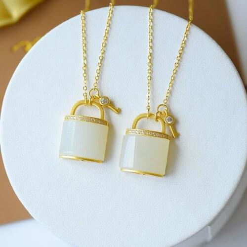 Hetian Jade Necklace Female White Jade Small Lock Jade Pendant S925 Sterling Silver Clavicle Chain Female Simple Temperament for
