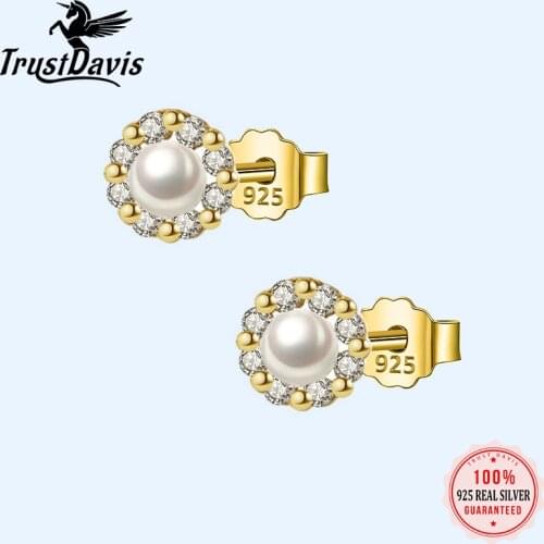 TrustDavis Real 925 Sterling Silver Fashion Sweet Round Freshwater Pearl CZ Stud Earring for Women Wedding Fine Jewelry DA2140