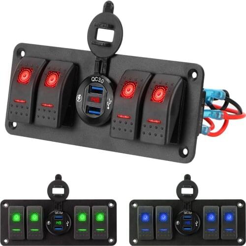 4 Gang 12/24V Rocker Switch Panel Dual USB Port Waterproof LED Digital Voltmeter Circuit Control Switch Panel For Boat RV Truck