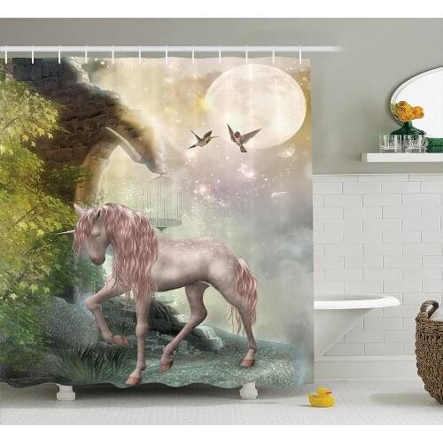 Hummingbirds Shower Curtain Last Unicorn Golden Leaves Birds Twinkling Stars Moon Mystic Fantasy Fairytale Bath Curtains