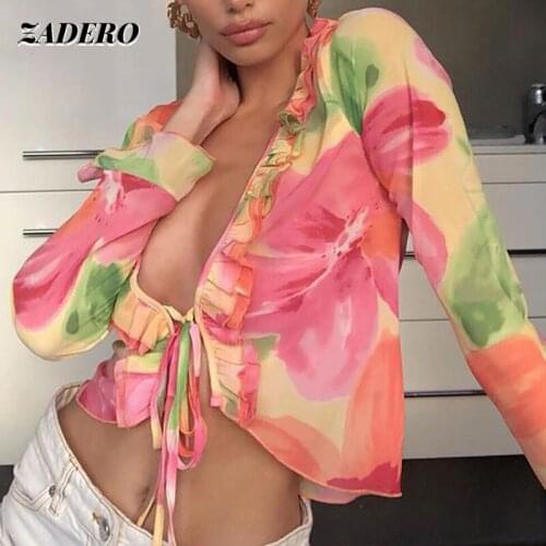Sexy Floral Mesh Blouse Women Chic Ruffles V Neck Bandage Front Cardigan Crop Tops Party Club Elegant Perspective Flare Sleeve