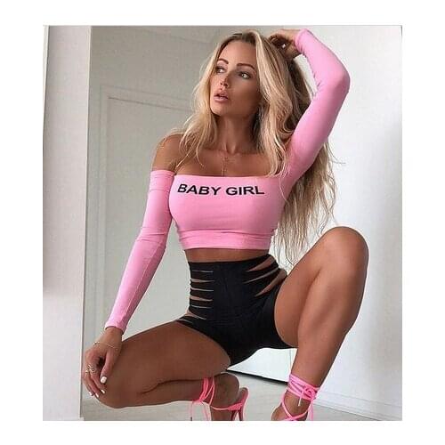 Sexy Fashion Letter Off Shoulder Long Sleeve T-Shirts Women Slim Fit Crop Tops Chic Slash Neck Bodycon Tees Clubwear