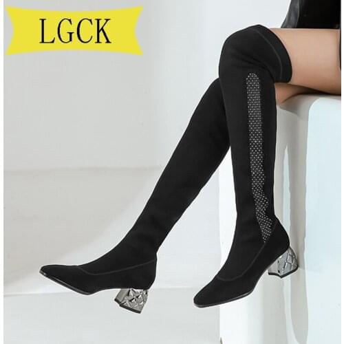 Big Size 34-39 New Elastic Flock Leather Women Over The Knee Boots Lace Up Sexy High Heels Autumn Woman Shoes Winter Women Boots