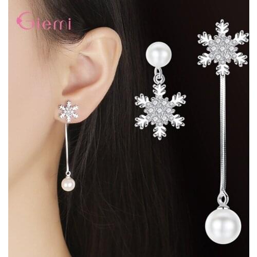 Latest Fashion Style Genuine 925 Sterling Silver Earrings For Women With Bright Snowflake Shape & Freshwater Pearl Pendant