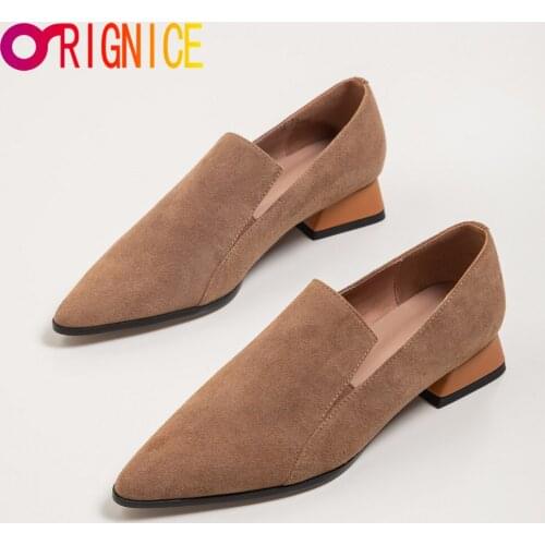 Orignice Fashion Sexy Low Heels Elegant Pointed Toe Women Pumps High Quality Kid Suede Slip On Daily Life Shoes Brand Designer