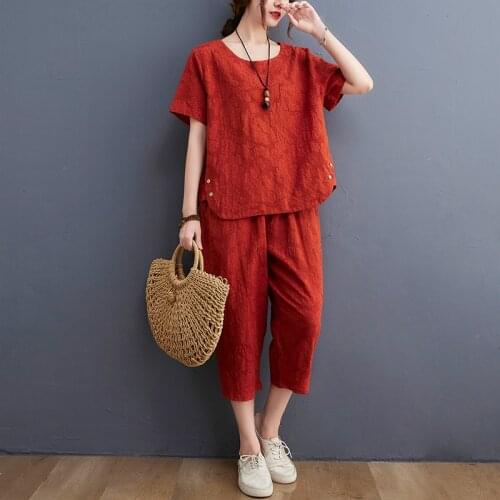 2021 New Arrival Loose Tops High Waist Pants 2 Piece Women Clothes Set Cotton Linen Jacquard Fashion Lady Casual Set Summer Sets