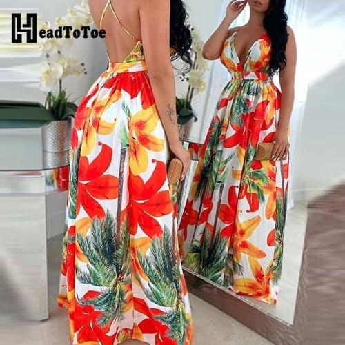 Floral Print Sexy Backless V Neck Maxi Dress Women Sleeveless Spaghetti Strap Casual Summer Long Dress