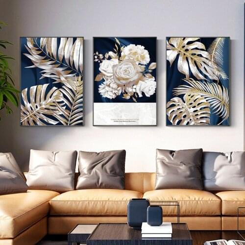 Blue Gold Plant Leaf Abstract Poster Nordic Canvas Painting Wall Art Picture No Frame For Living Room Bedroom Modern Home Decor