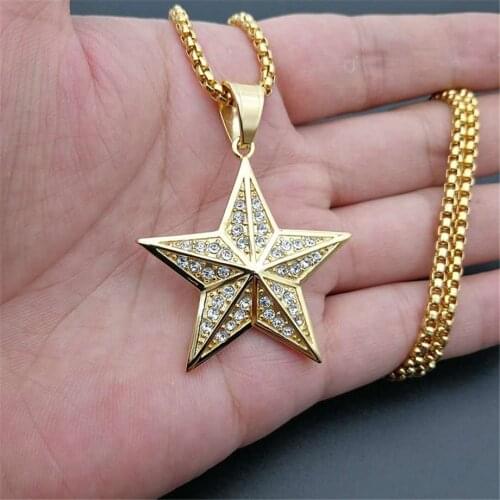 Hip Hip Iced Out Bling Star Pendant Necklace For Men/Women Gold Color Stainless Steel Pentagram Necklace Golden Jewelry T1401