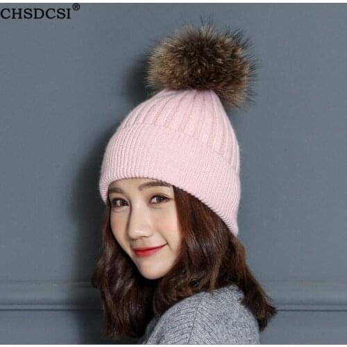 CHSDCSI Winter Women Crochet Knitted Hat Caps Girl Wool Fur Bobble Ball Pompom Beanies new Hats High Quality thick female cap
