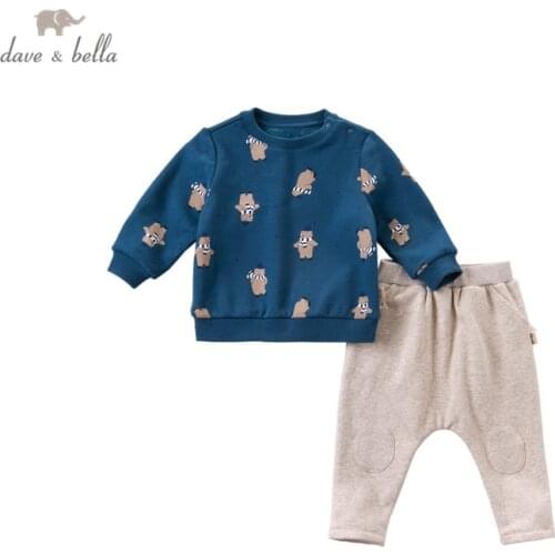 DB14852 dave bella winter baby boys fashion cartoon bear print clothing sets kids casual sets children 2pcs suit