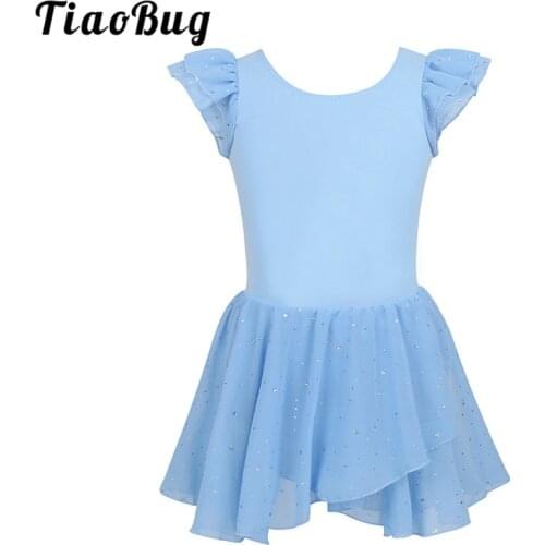TiaoBug Kids Girls Ruffled Sleeves Glitters Chiffon Ballet Tutu Stage Dance Costume Children Skating Gymnastics Ballet Leotard
