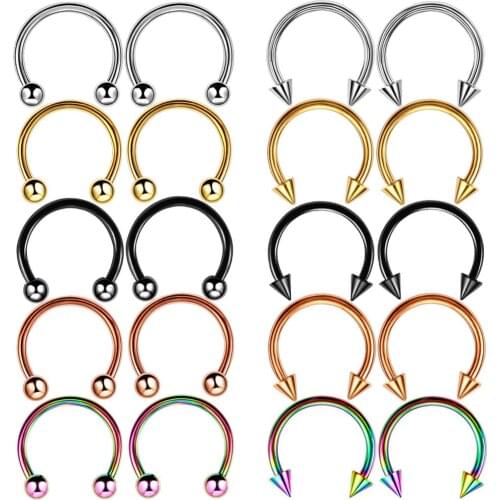 2pcs Stainless Steel 16 Gauge Horseshoe Nose Ring Hoop Circular Barbell Septum Lip Piercing Jewellery