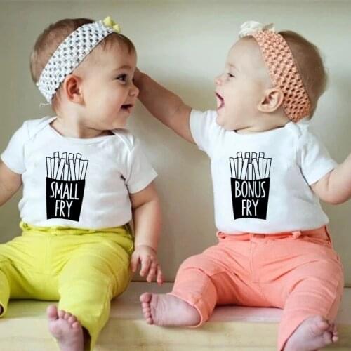 Baby Twins Rompers Small Fry Bonus Fry Newborn Baby Boys Girls Onesies Summer Cotton Bodysuit Funny Body Infant Romper Clothes