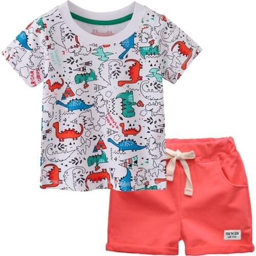 BINIDUCKLING Summer Kids Girls Boys Clothes Set Dinosaur Printed Short Sleeve T-shirt Shorts Toddler Outfits Children Clothing