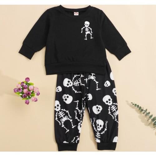 2021 1-6Y Halloween Kids Baby Boy Clothes Set Skeleton Print O Neck Long Sleeve Black Sweatshirt+Pants Spring Fall Costume 2pcs