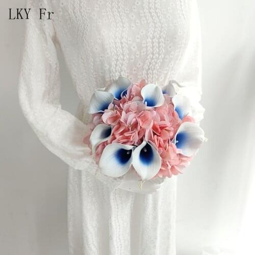 LKY Fr Bridal Bouquet White Wedding Flowers Bride Bridesmaid Calla Lily Pink Blue Artificial Silk Hydrangea Marriage Accessories