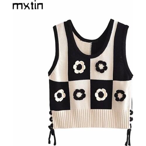 MXTIN 2021 Women Summer Vintage Floral Crochet Pullover Knitted Vest Sweater Fashion O-Neck Sleeveless Female Waistcoat Chic Top