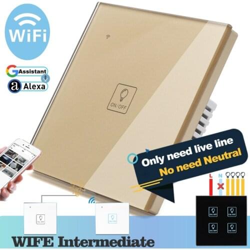 No need neutral) WIFI Touch Light Wall Switch Gold Glass Blue LED Smart Home Phone Control 1 Gang 2 Way Alexa Google Home