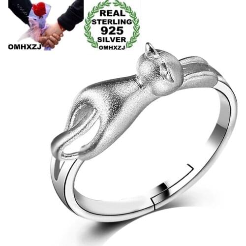 OMHXZJ Wholesale Personality Fashion OL Woman Girl Party Wedding Gift Silver Cute Cat Open 925 Sterling Silver Ring RN246