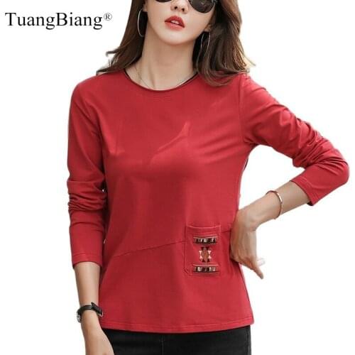 Autumn LargeSize 2021 Embroidery Pockets Cotton T-Shirts Elegant Winter Burgundy Tshirt Long Sleeve Exquisite Quality Loose Tops