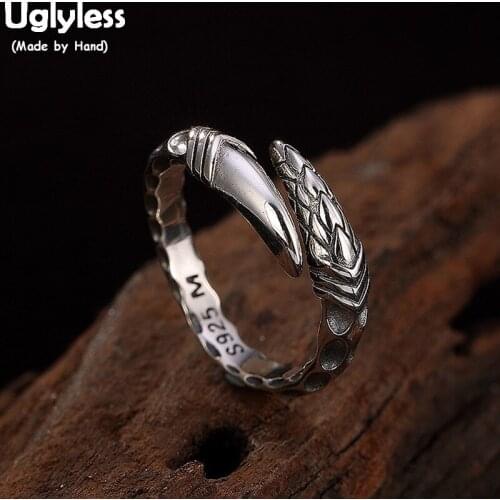 Uglyless 100% Real Solid 925 Sterling Silver Handmade Eagle Claw Open Rings Unisex Punk Finger Rings Thai Silver Fine Jewelry