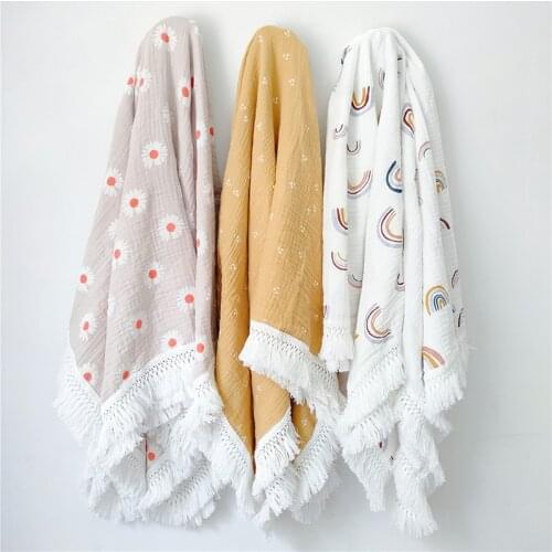 Organic Cotton Newborn Muslin Swaddle Baby Fashion Soft Fringe Swaddle Wrap Blanket Cute Print Bebe Stuff Pielucha Bambusowa