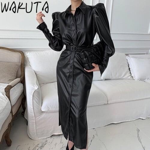 WAKUTA PU Leather Black Dress Women Korean Fashion Slim Belt Shoulder Pads Dress Blousas Elegant Split Puff Sleeve Streetwear