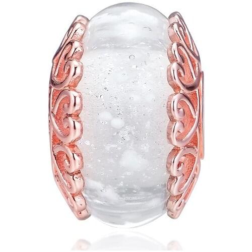 Fits For Pandora Charms Bracelets Rose Iridescent White Glass Beads 100% 925 Sterling-Silver-Jewelry Free Shipping