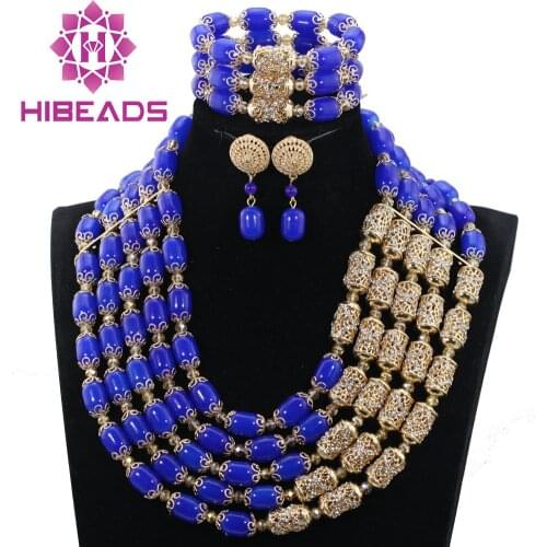 Luxury Nigerian Wedding Women Jewelry Sets Royal Blue Beaded Costume Party Jewellery Sets New Jewelry Accessory WE023