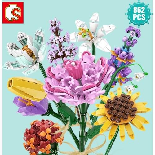 SEMBO Ideas Flower Bouquet Building Blocks Creator Garden Flower Decoration Bricks Educational Toys Birthday Gift For Children