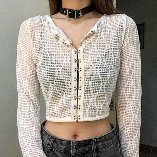 2021 Women Fashion Clothing Lace Hollow Out White T-shirt Vintage Long-sleeved Single-breasted Crop Top Woman Tshirts