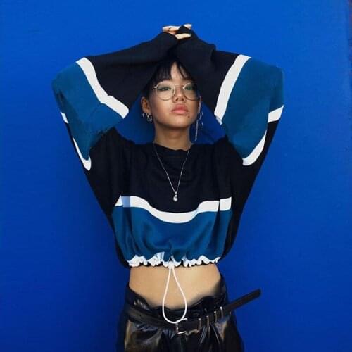 Ladies Fashion Spring Autumn O-neck Long Sleeve Loose Casual Short Top Sweatshirt Drawstring Patchwork Top Crewneck Sweatshirt