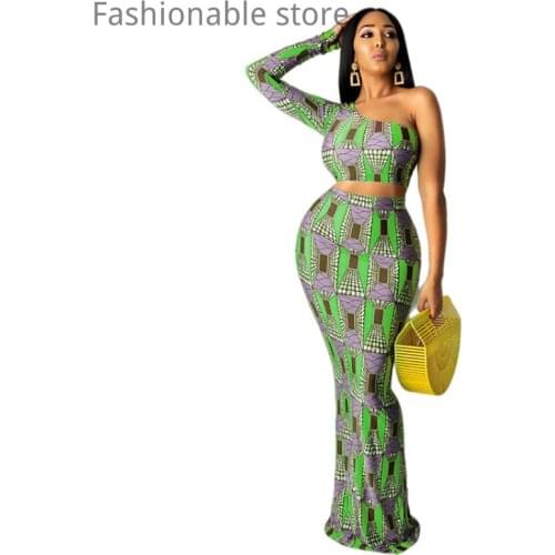 Women Print One Sleeve Crop Top and High Waist Maxi Mermaid Skirts 2pcs Set
