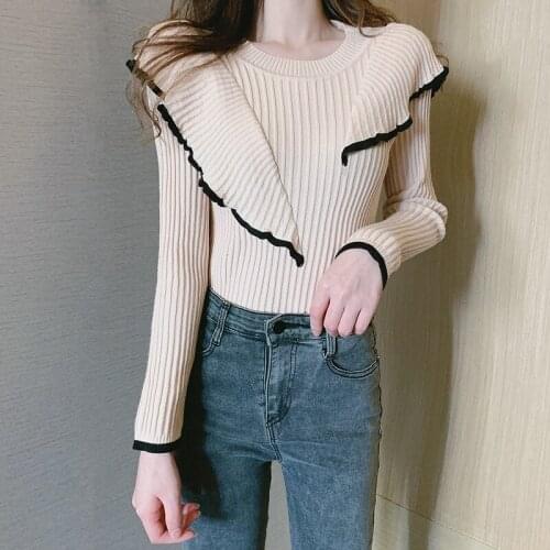 Korean Ruffles Sweater Women Autumn Winter O Neck Long Sleeve Pullover Sweaters Slim Warm knitted sweater pull femme sueter
